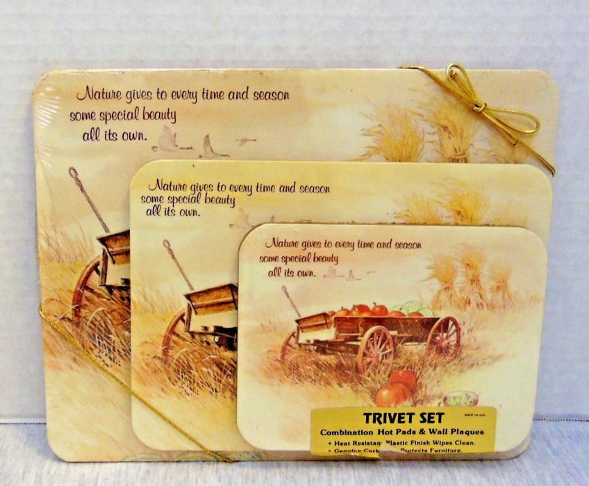 Set of 3 Trivet Different Sizes Fall Harvest Made in USA Cork Back