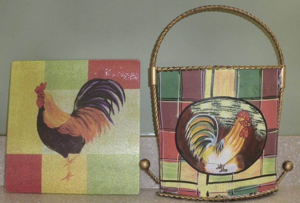 Rooster Cooking Concepts Square Glass Trivet and Metal Basket EUC