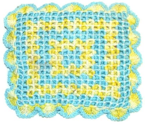 Vintage Yellow & Blue Geometric Design Handmade Crocheted Hot Plate Trivet Pad