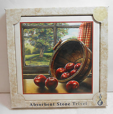 RED APPLES W/BASKET SITTING BY WINDOW TRIVET - ABSORBENT STONE