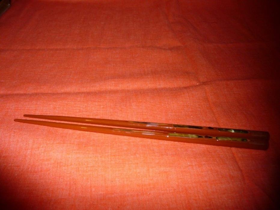 Vtg Mid Century Modern Chopsticks Wood with Mother of Pearl Inlays 1 set