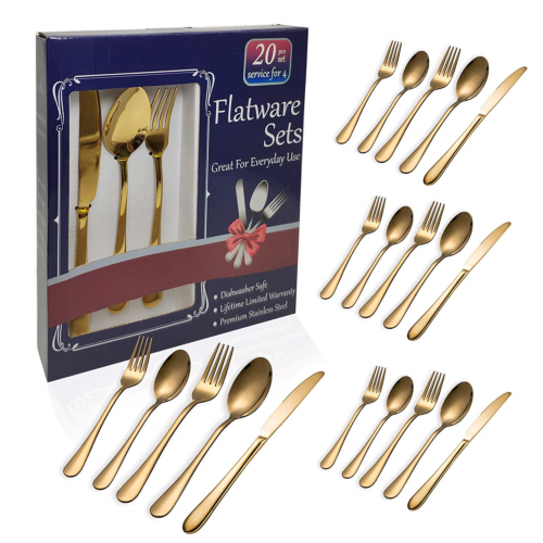 Gold Flatware Set 20 Piece, Stainless Steel With Titanium Colorful Plated, Set,