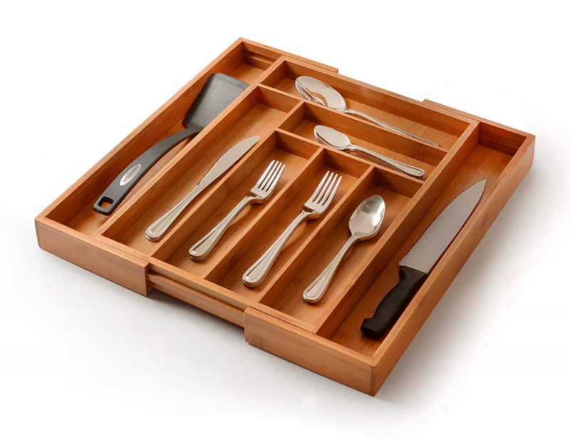 Utensil Drawer Organizer, Bamboo Silverware Expandable Kitchen Cutlery Tray