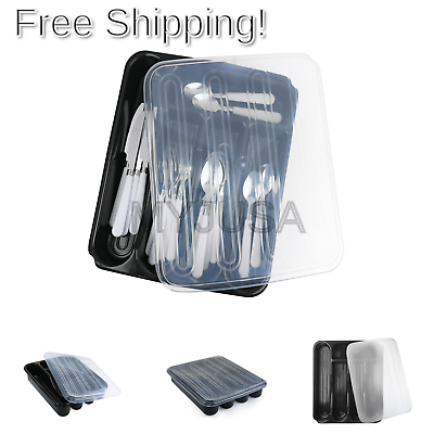 Flatware Plastic Tray with Lid, Kitchen Cutlery and Utensil Holder Organizer,...
