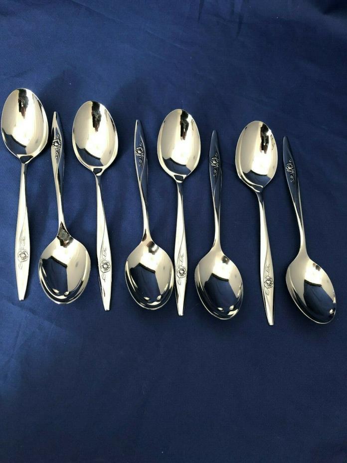 Set of 8 Oval Soup / Dinner Spoons LASTING ROSE Oneida Stainless Deluxe