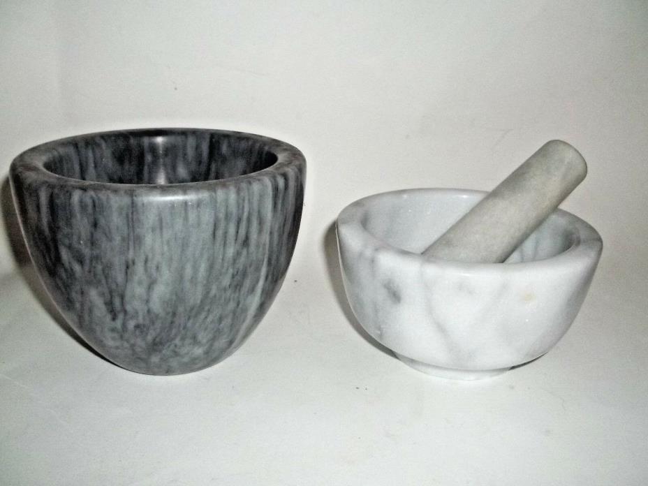 2 White+grey Marble Mortar and ONE Pestle Culinary Grinder Apothecary diameter