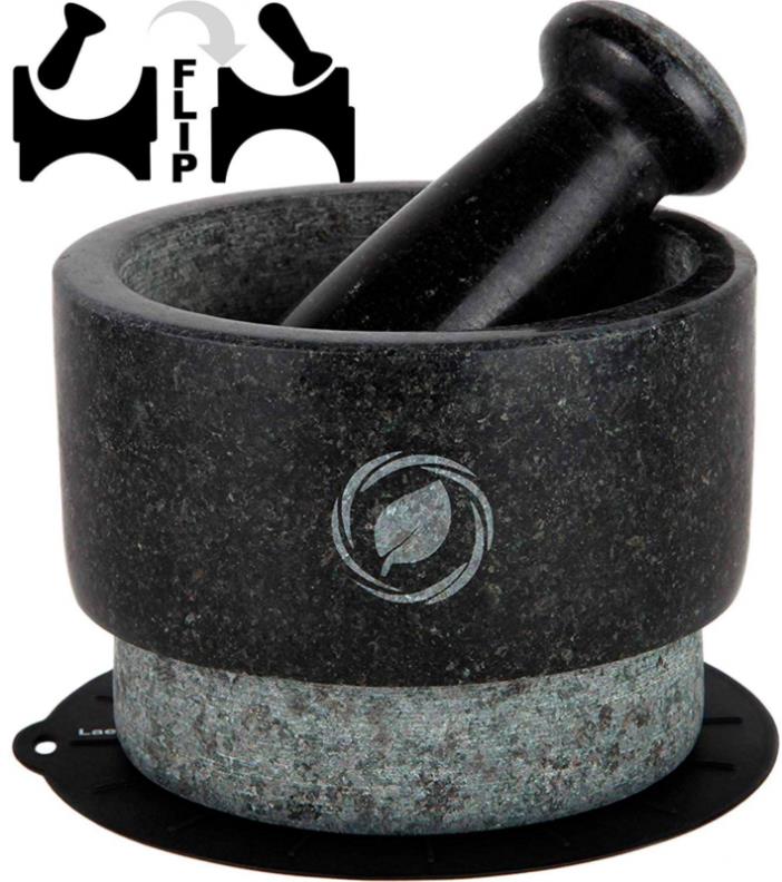 Mortar and Pestle Set Granite (NEW) - REVERSIBLE - Large Solid with FREE Silicon