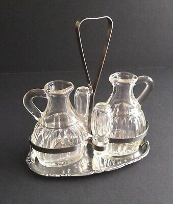 Cruet Set Oil & Vinegar Glass Bottles with Glass Stoppers & Metal Stand Vintage