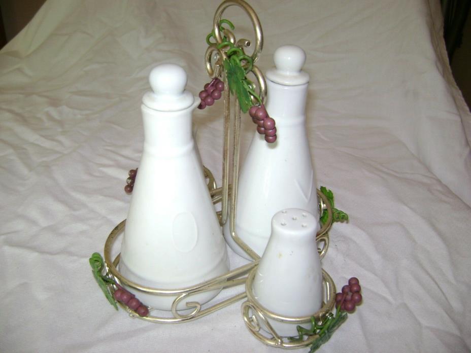 VINEGAR & OIL SET, WITH SALT AND PEPPER SHAKERS, BRASS TABLE TOP CADDIE