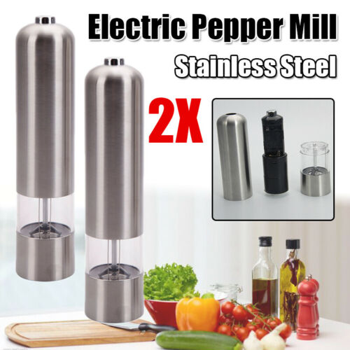 2pcs Automatic Electric Salt Pepper Grinder Stainless Steel Adjustable Mill Home