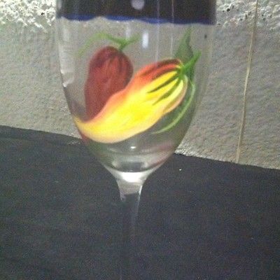 (1) Hand Painted Wine Glass Colorful CHILI PEPPER Design Cicra Unknown.