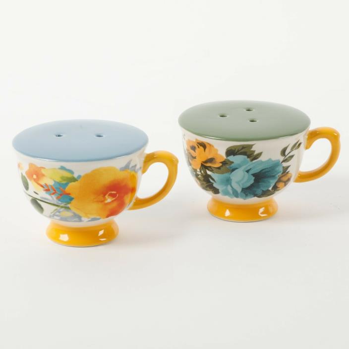 The Pioneer Woman Rose Shadow Tea Cup Ceramic Salt Pepper Shaker Set Blue Yellow