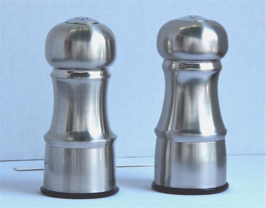 EXCELLENT PAIR OF TRUDEAU 4½ INCH TALL STAINLESS STEEL SALT AND PEPPER SHAKERS