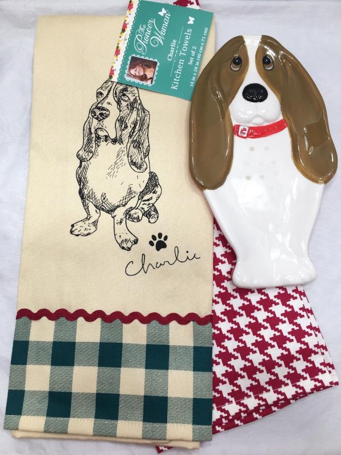 The Pioneer Woman Charlie The Basset Hound Spoon Rest & Kitchen Dish Towels ~HTF