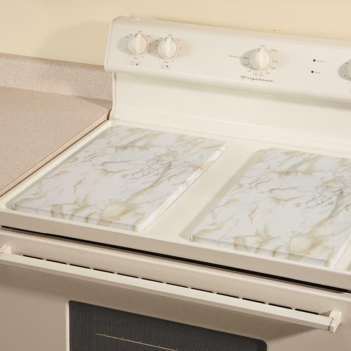 Kitchen Stove Burner Covers Set of 2 Marbled White Metal Enamel Rectangle Decor