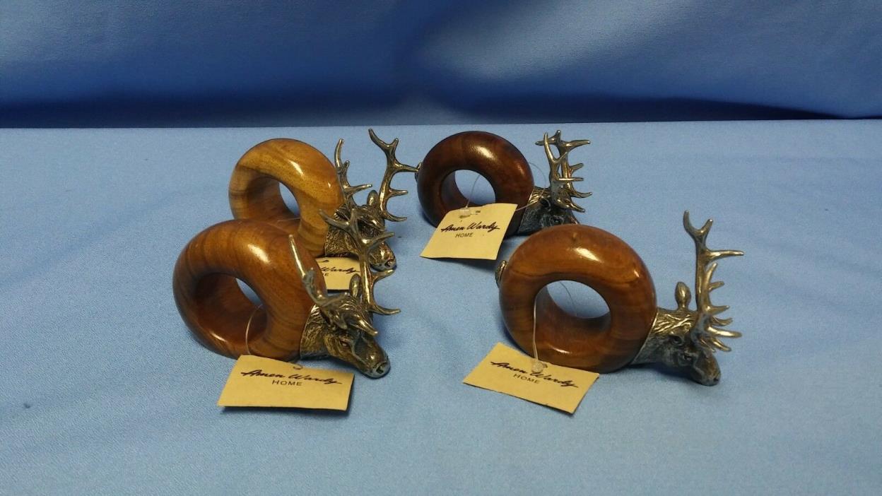4 Unique Makoulpa Muka Wood & Pewter Elk Napkin Rings Holders Cabin Hunting Deer