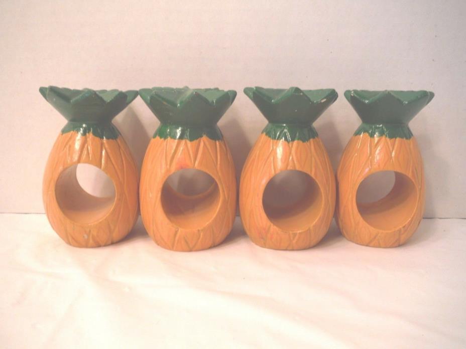 Set 4 Pineapple Napkin Holders Wooden Hand Painted Yellow Orange Green