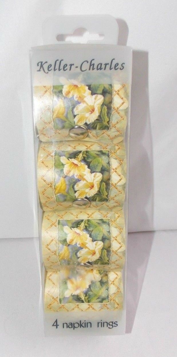 Napkin Rings Keller-Charles Set of 4 Tropical Bamboo Hibiscus Made in Italy