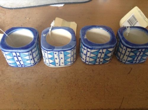 New!  Hand Painted Blue Ceramic Napkin Rings Set Of 4 (American Home)