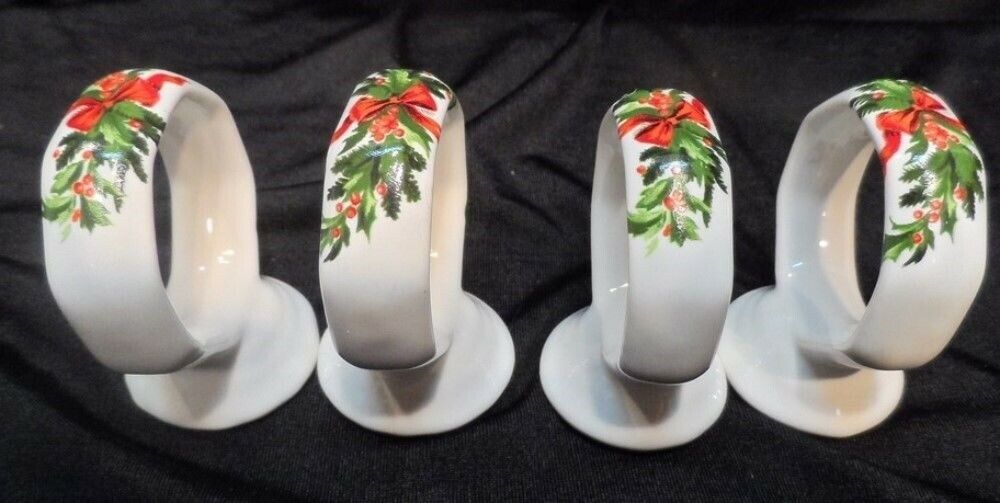 Set of 4 Holly Decorated Christmas Ceramic Napkin Rings