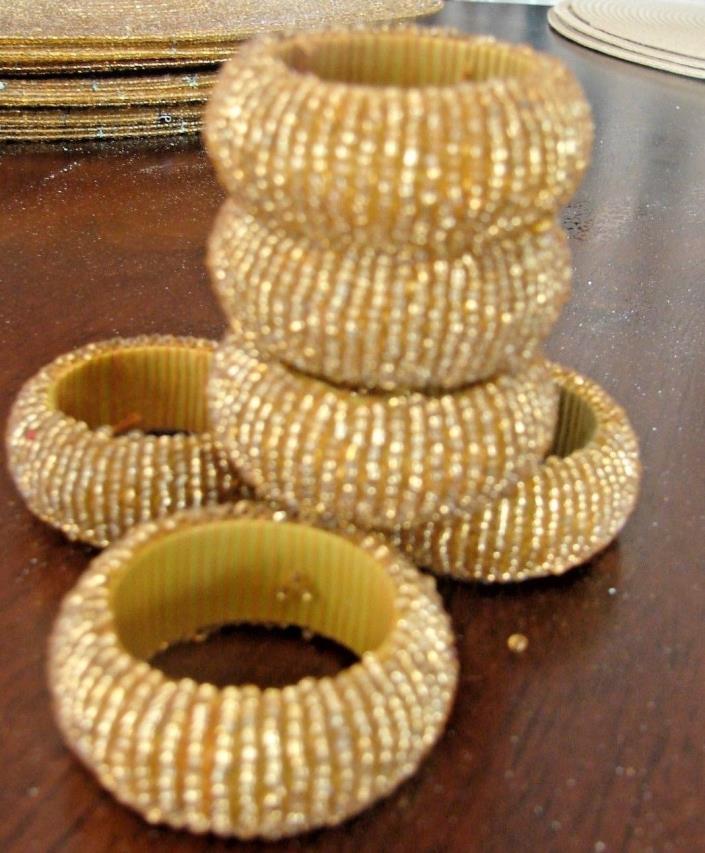 NAPKIN RINGS GOLD BEADED GLASS HANDCRAFTED SET OF 6