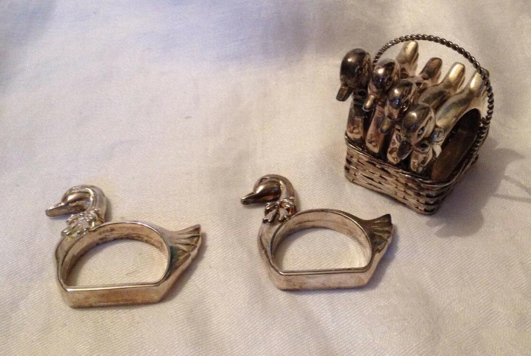 Six Silver Plated Duck Napkin Holders and Basket