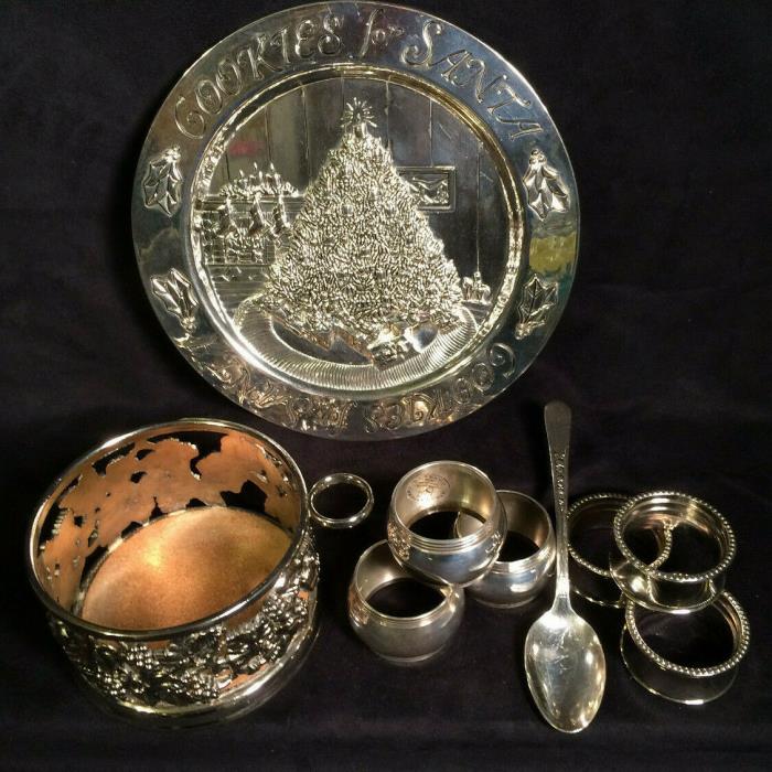 Set of 6 Silver Plate Mixed Napkin Rings,  Wine Coaster,  Spoon & Plate