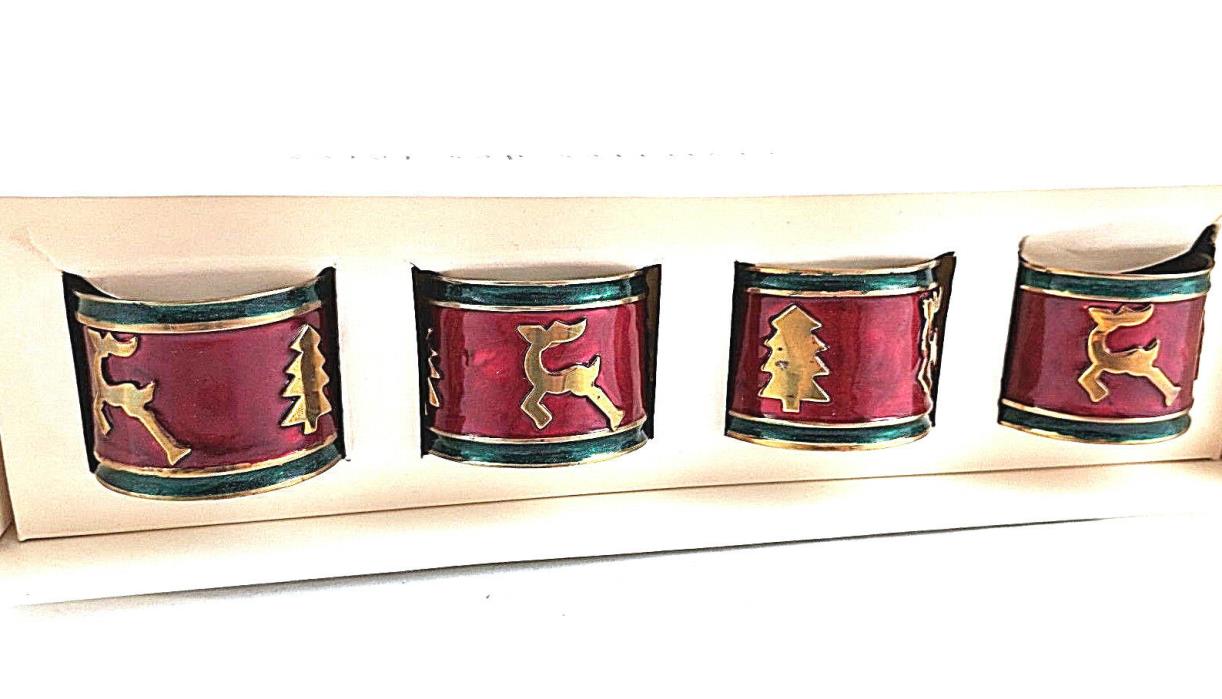Pier 1 Holiday Napkin Rings Set Of 4 Reindeer Christmas Trees Enameled Brass
