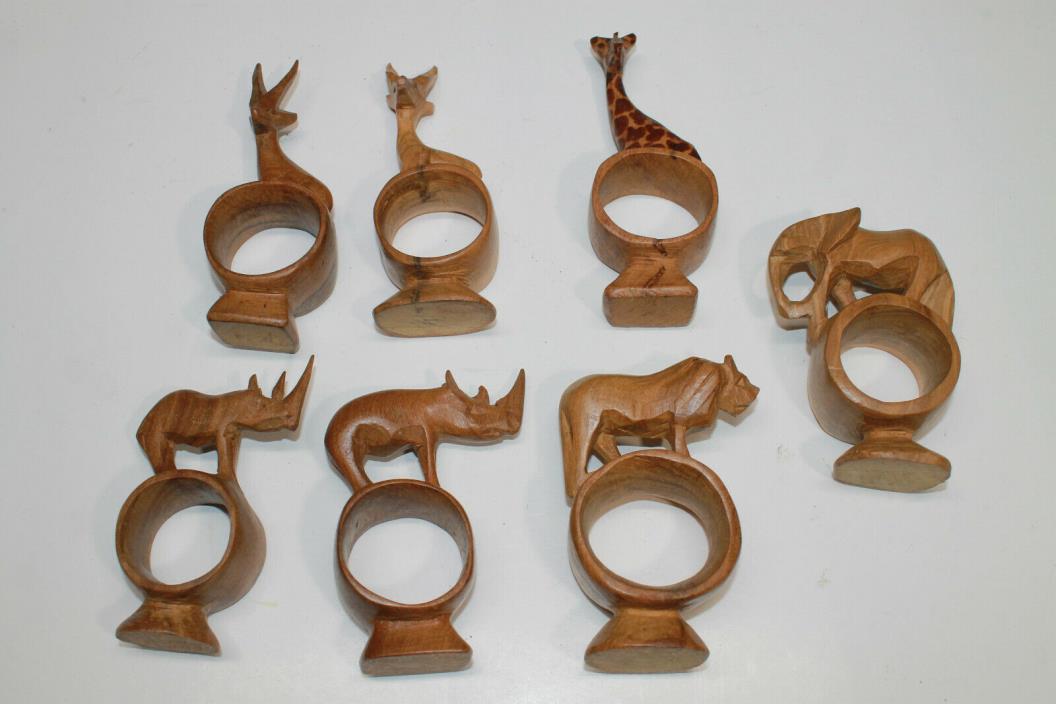 Hand Carved Wooden Napkin Rings Holders Set of 7 African Safari Animals Wood