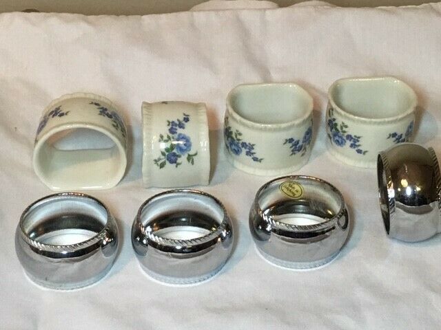 2 Sets of 4 - Napkin Rings - Porcelain and Silver