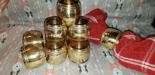 Set Of 10 Hammered Heavy Barrel Brass Napkin Rings w/Double Beaded Edge Details