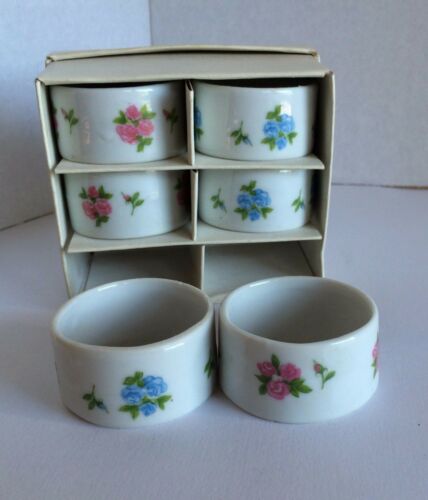 Lovely Pink and Blue Roses Floral  Napkin Holder Rings x 6