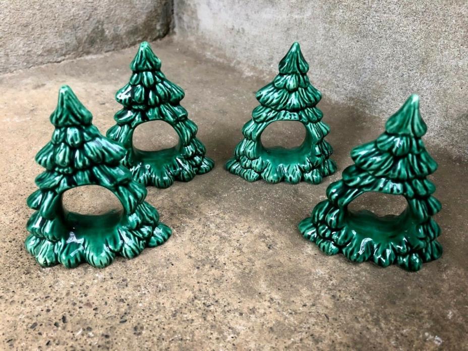 Set of 4 Christmas Tree Ceramic Napkin Rings Holders