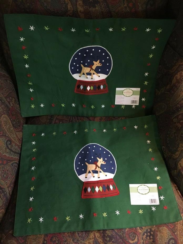 NEW Set of 2 Target 2002 SNOWGLOBE DEER Cotton Cloth Fabric Placemats GREEN NWT