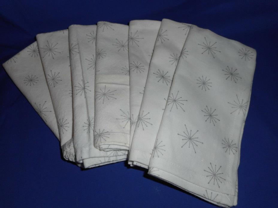 Set of 7 Fabric Napkins Creamy White with Silver Starbursts / Snowflakes