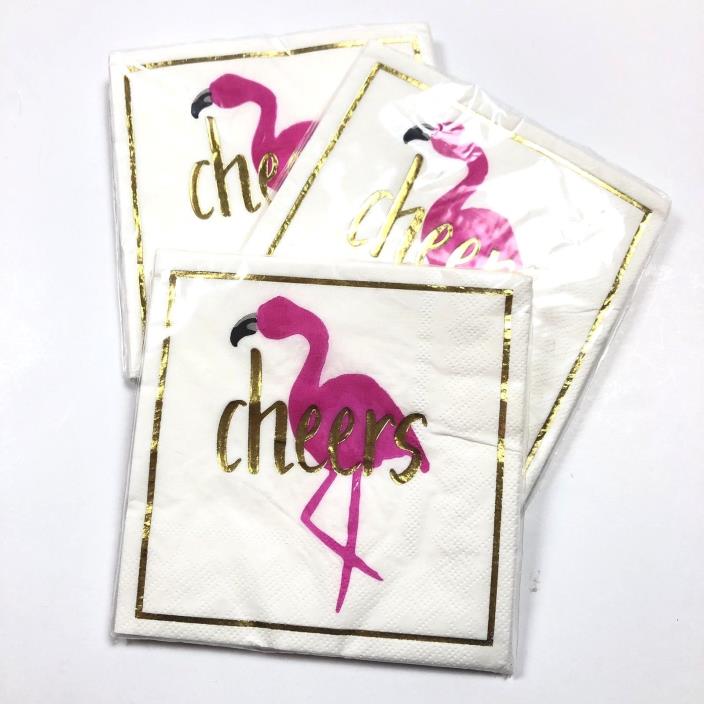 NEW Cheers gilt gold pink flamingo cocktail napkins each tropical party 3 packs