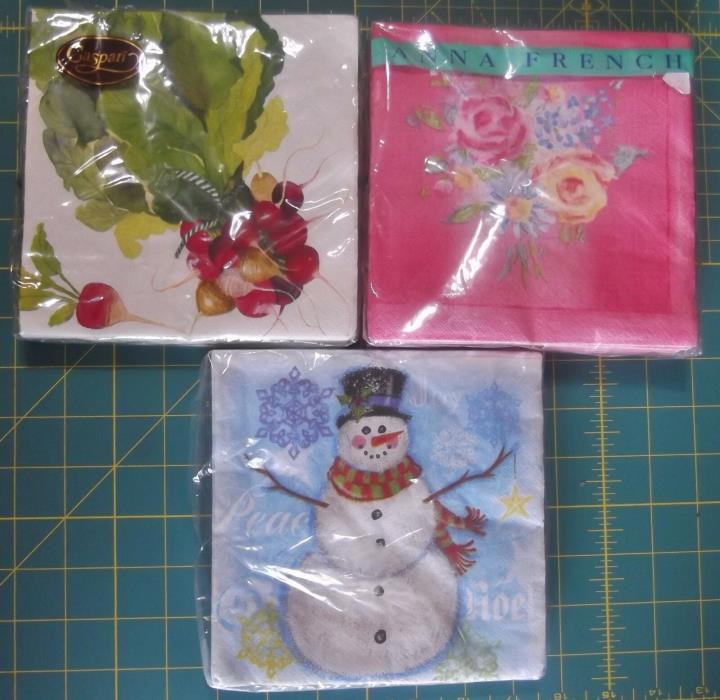 3 New Packages Paper Napkins Radish Carrot - Floral Bouquet - Snowman 20 Each