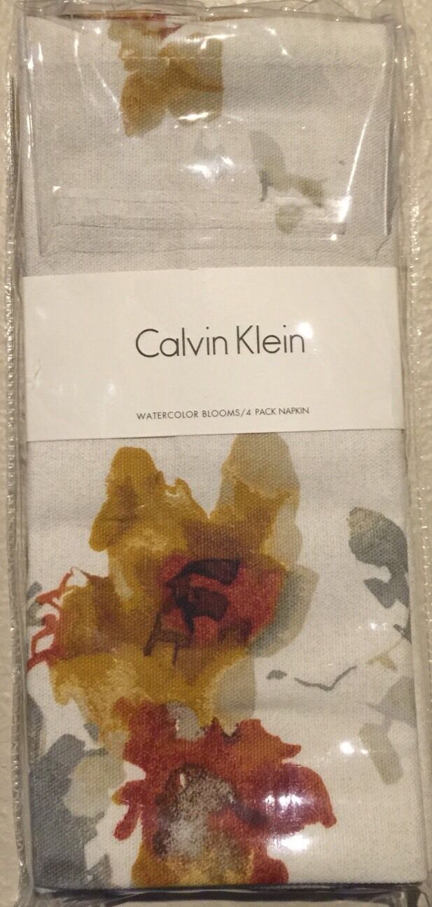 Calvin Klein Watercolor Blossoms Cloth Napkins Set Of 4 Floral Tan