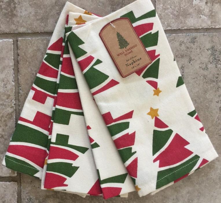 Well Dressed Home Red Green Christmas Trees Cloth Napkins Set 4 Star