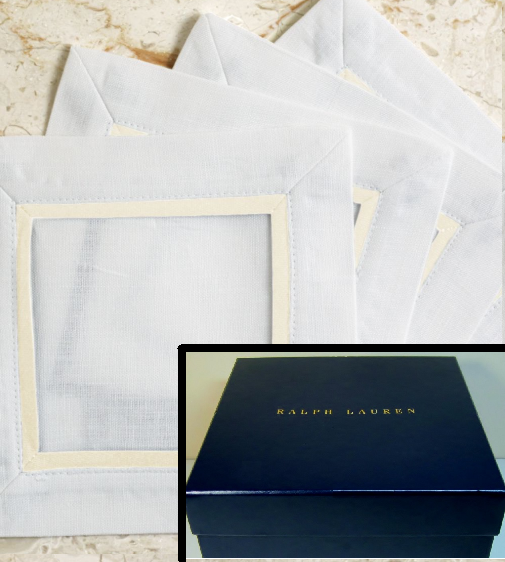 $65 Ralph Lauren Set of 4 Palmer Cocktail Napkins New in Gift Box 100% Linen
