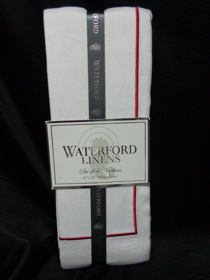 $60 Waterford Linens Classic White w/ Red Stitching - Set of 4 Cotton Napkins