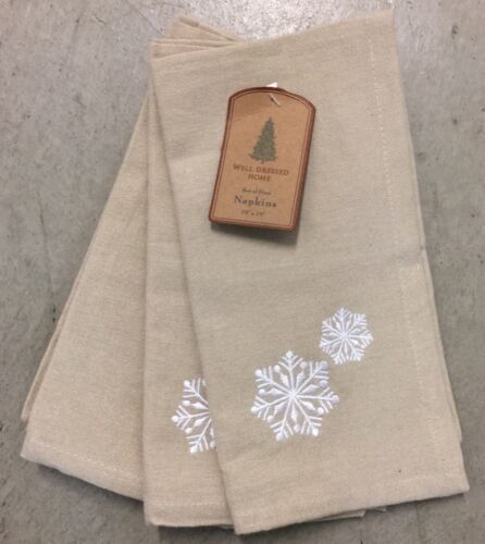 Well Dressed Home Tan Embroidered White Snowflakes Cloth Napkins Set 4