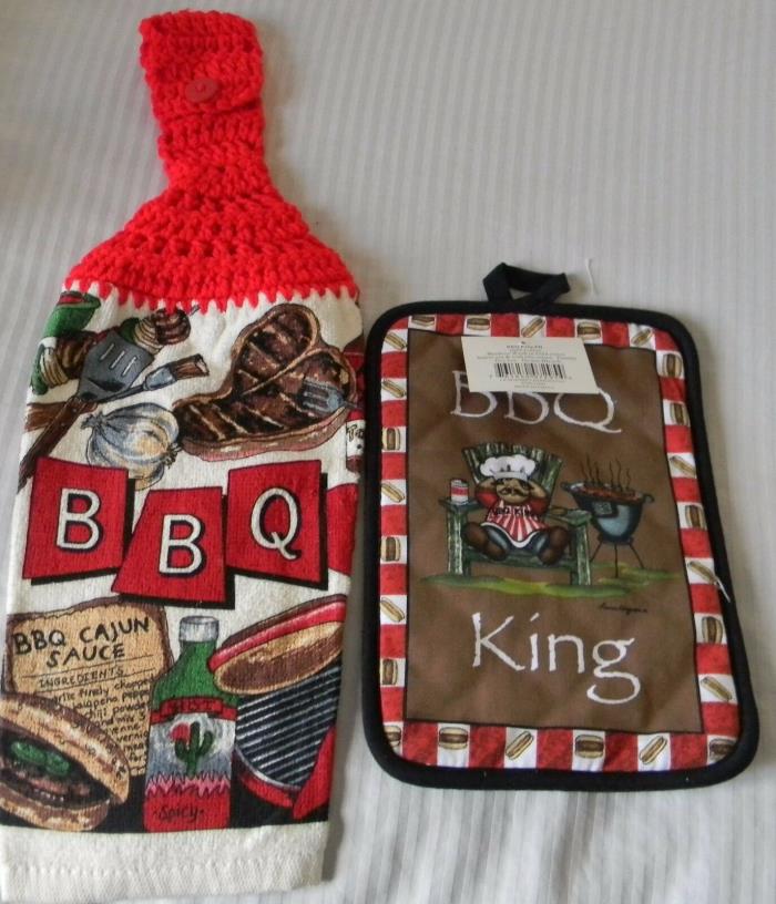 KITCHEN SET  - BBQ 1 Potholder and 1 Hand Towel with Embroidered Hanger - NWT