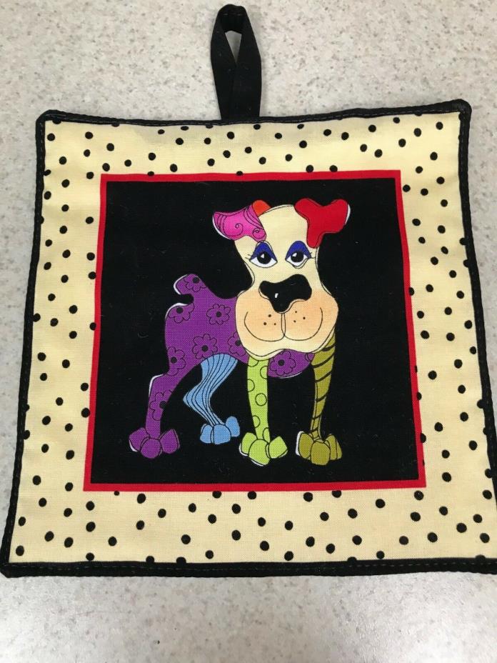 Pot Holder / Loop to Hang - Quilted Back / Cute - Tiny Polka Dot Border - Puppy