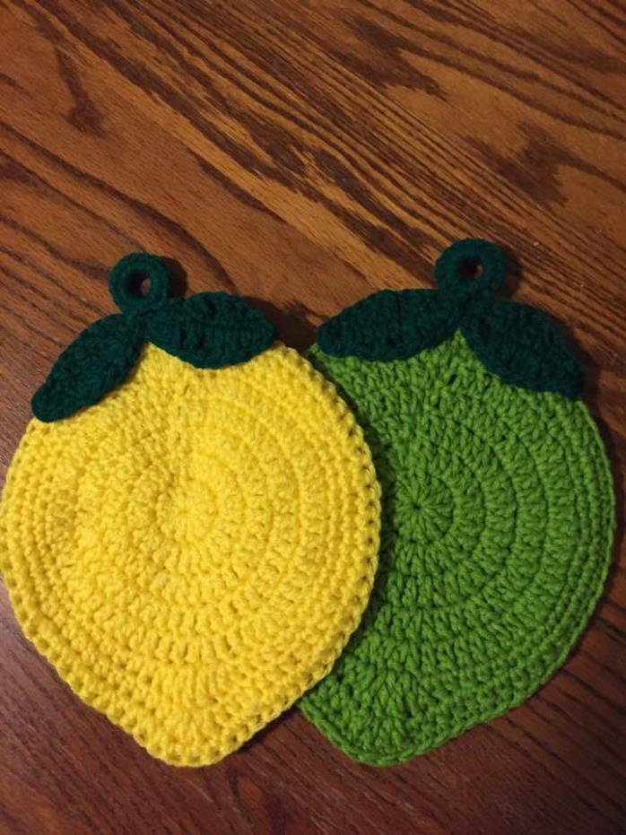 Hand Crocheted Lemon & Lime Potholder Hotpads Set of 2