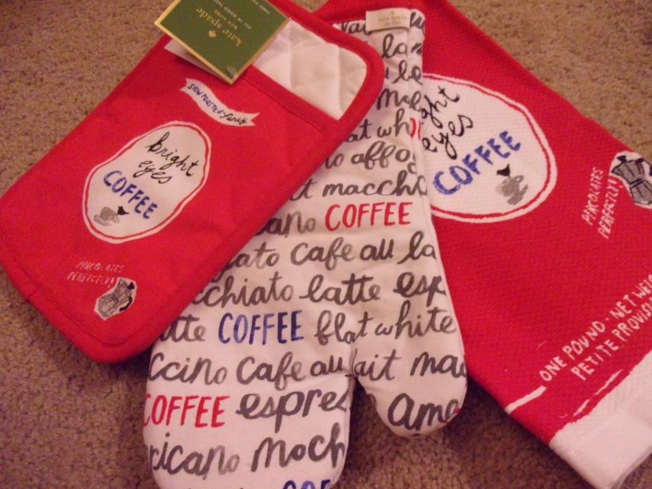 Kate Spade ~ Bright Eyes Coffee ~ 3pc Kitchen Set ~Red Towel Oven Mitt