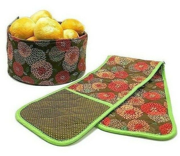 Quilted Double Oven Mitt Glove and Bread Basket Floral/Polka Dot Set