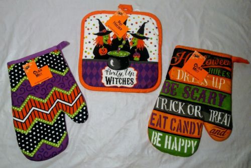 New Halloween Pot Holder Oven Mitts Kitchen Set Witch Party Purple Orange Rules