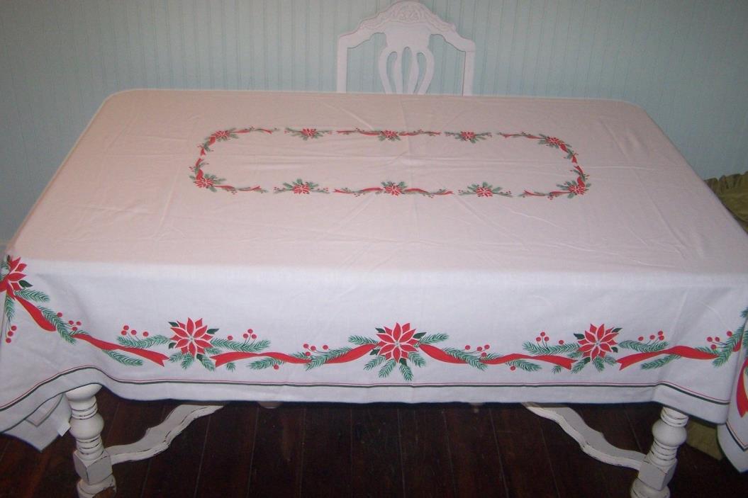 Christmas Pointsetta Cotton Blend KAMART Rectangle Table Cloth ~ 64
