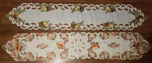 Autumn Fall Summer Tablecloth Table runner Doily Leaf Acorn Embroidery Lot of 2